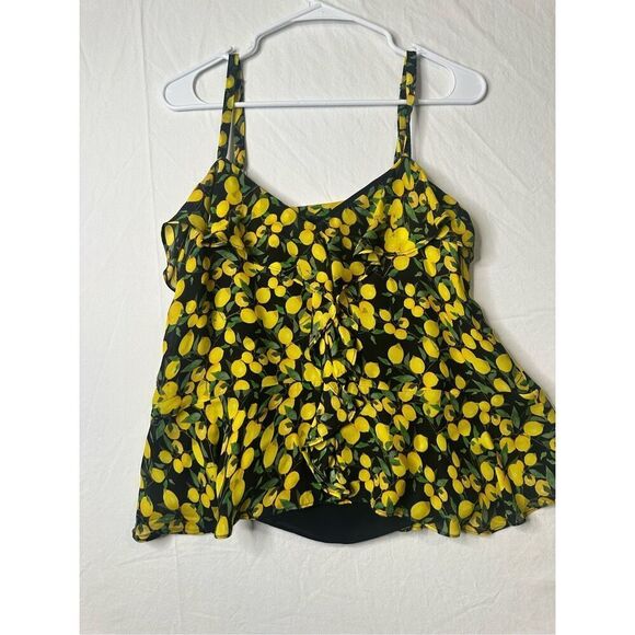 Parker Lemon Print Silk Print Ruffle Tank Top Blouse Yellow Black SZ S - Picture 3 of 7